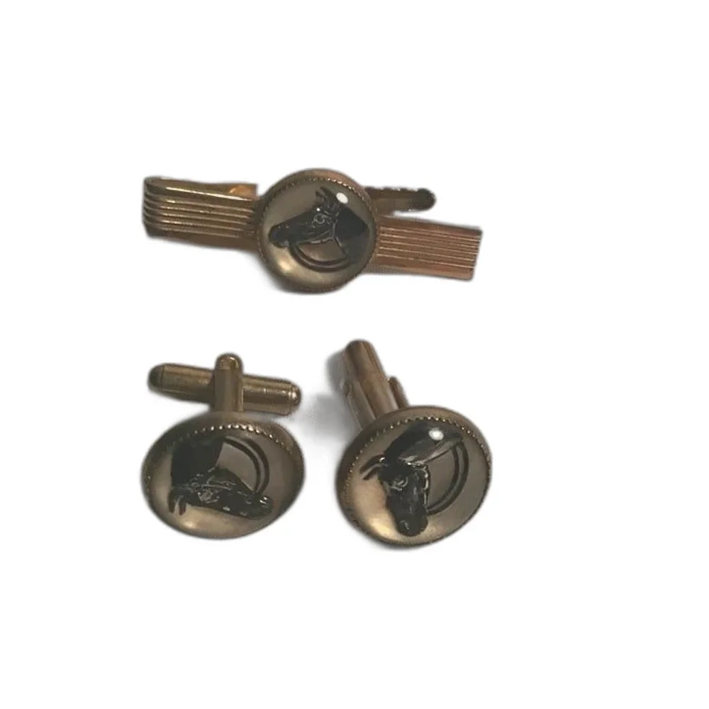 Vintage Gold Tone Horse Head Cufflinks & Tie Bar Set - Equestrian Mid-Century